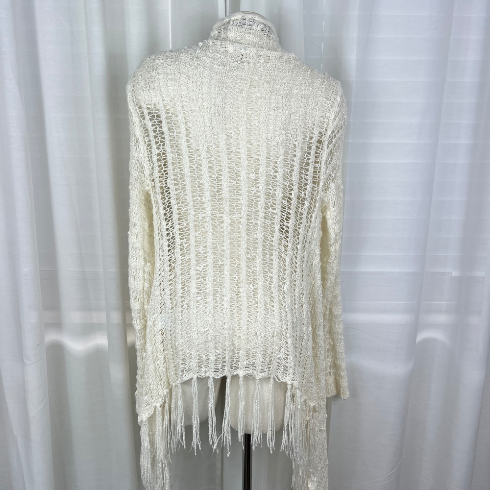 Boho Crochet Open Knit Fringe Duster Cardigan Ivory Cotton Blend M/L Festival - Picture 6 of 10